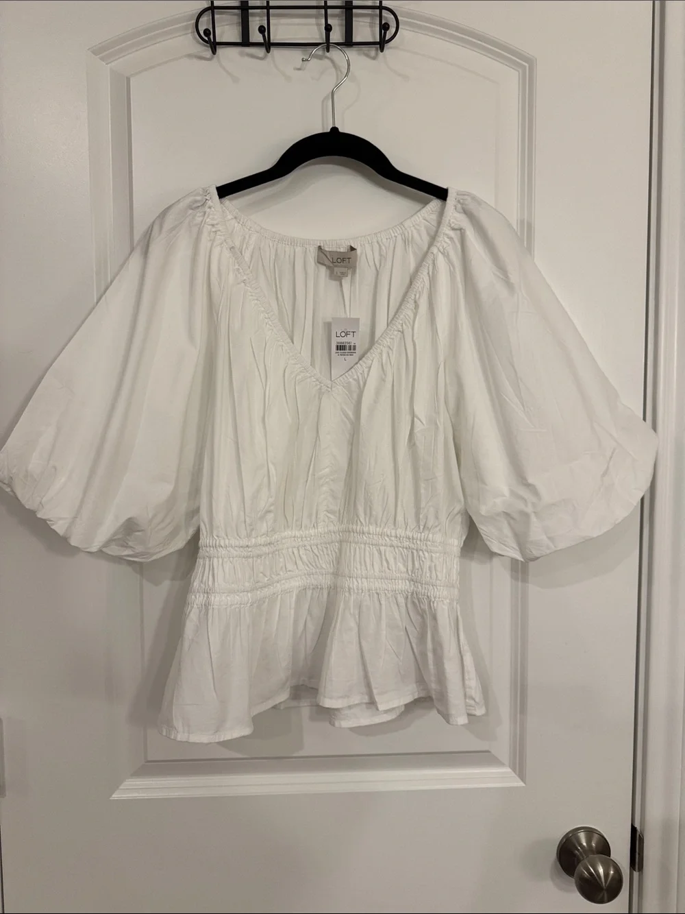 LOFT White Peplum Blouse with Puff Sleeves